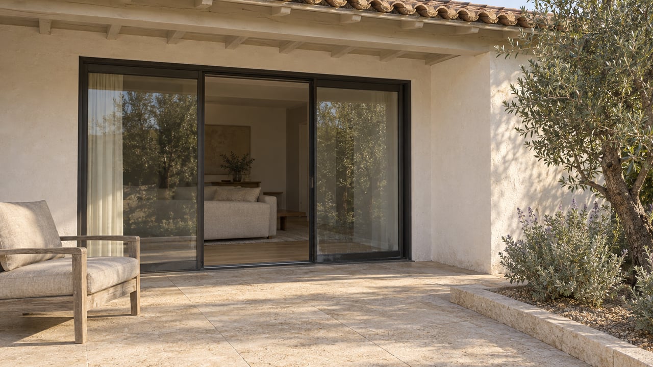 Sunlit stucco home terrace with closed sliding glass doors, a weathered teak lounge chair, and an olive tree in a stone-edged planting bed.