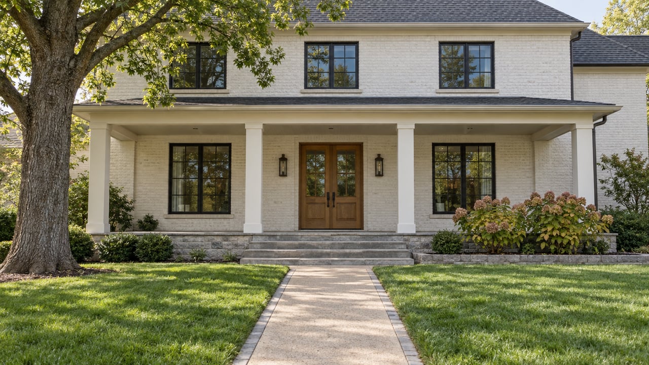 A white painted-brick home with an oak double entry, limestone porch steps, and a deep lawn beneath a spreading white oak.