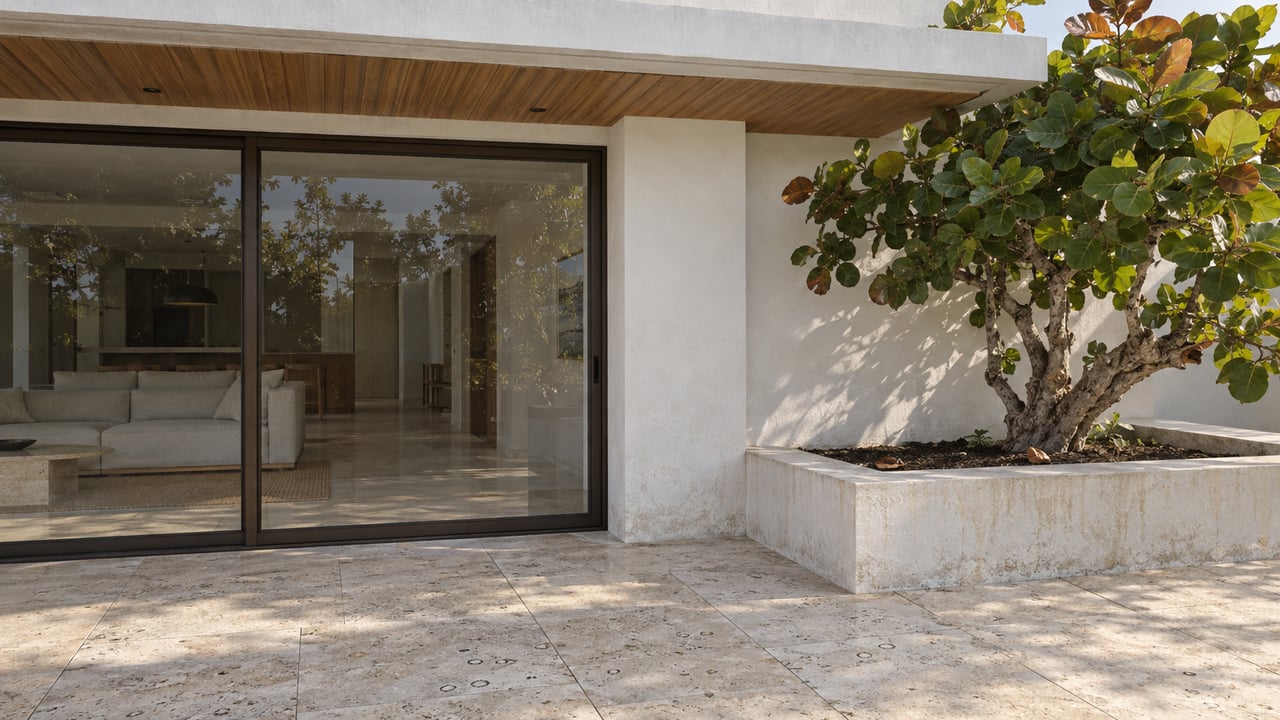 Sunlit coastal-modern terrace with pale limestone paving, closed bronze-framed glass doors, teak soffit, and a sculptural sea grape tree in a raised concrete planter.