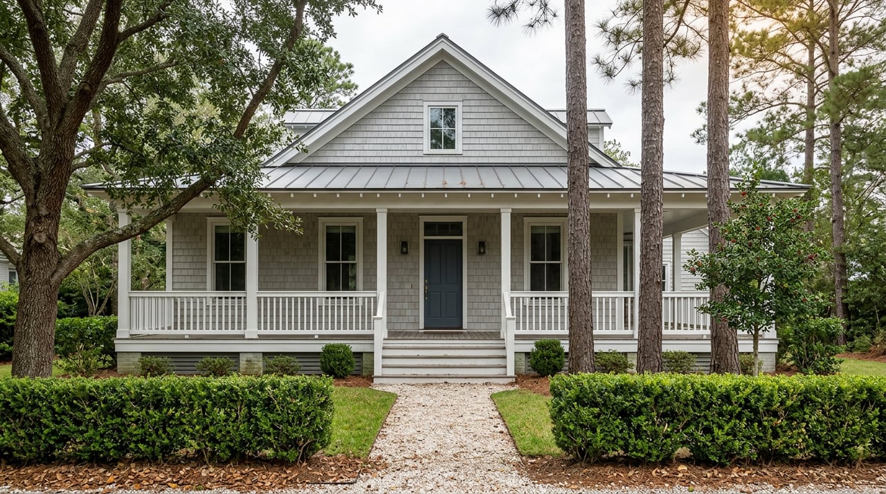 Gabled shingle cottage with white-railed porch, gravel path, clipped hedge, and pines and oak.