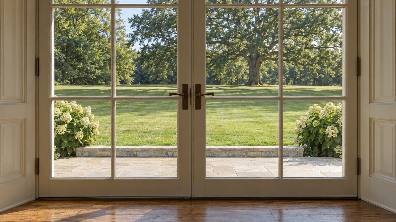 Closed French doors overlook a long lawn leading to a broad white oak, with hydrangeas beside the terrace.