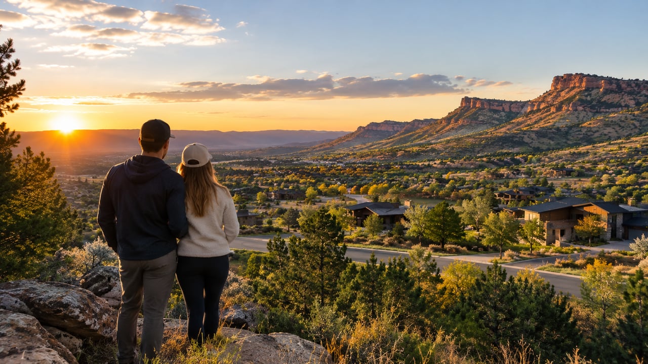 Couple overlooks a mountain neighborhood and red-rock ridge at sunset.