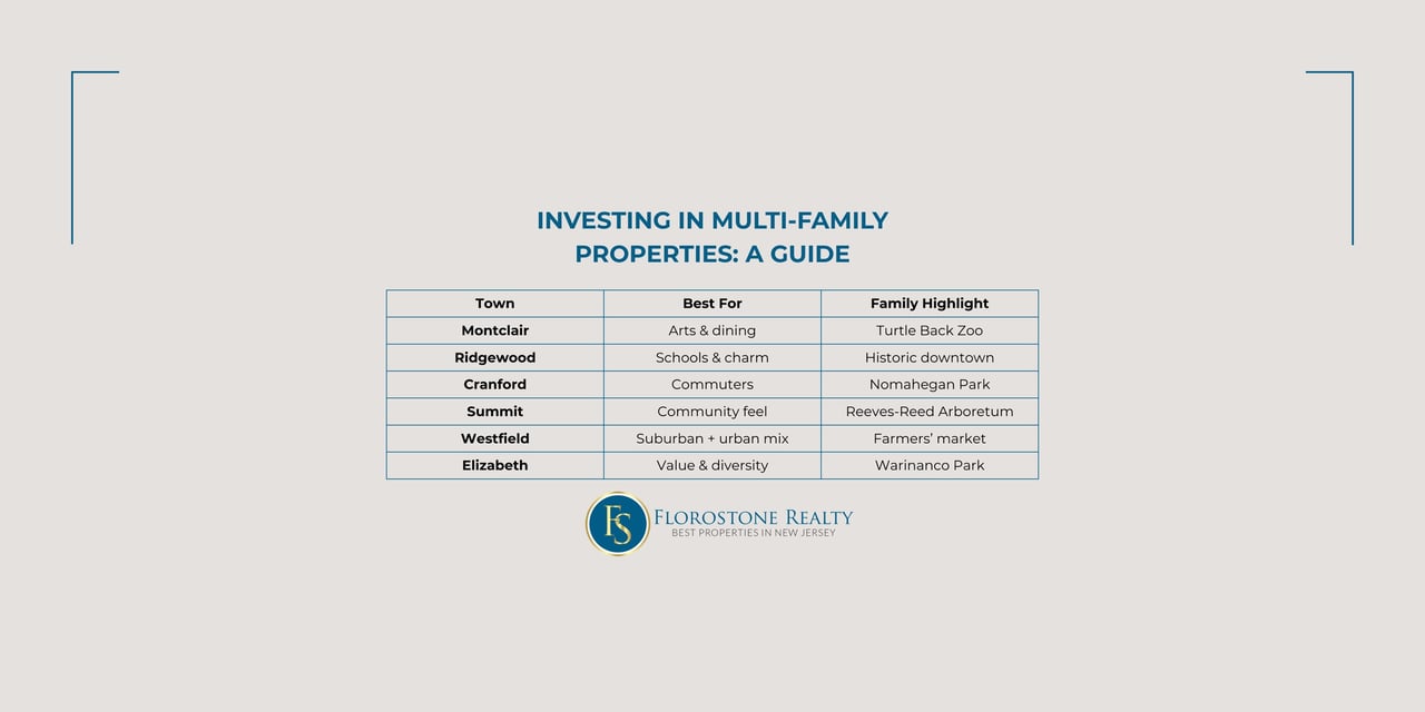 Investing in Multi-Family Properties: A Guide. Table of NJ towns with best for and family highlights.