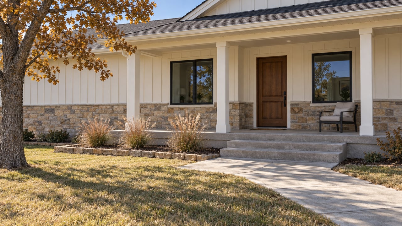 Autumn light on an ivory ranch home's covered porch, with black-framed windows, a stone base and a golden lawn beneath a bur oak.