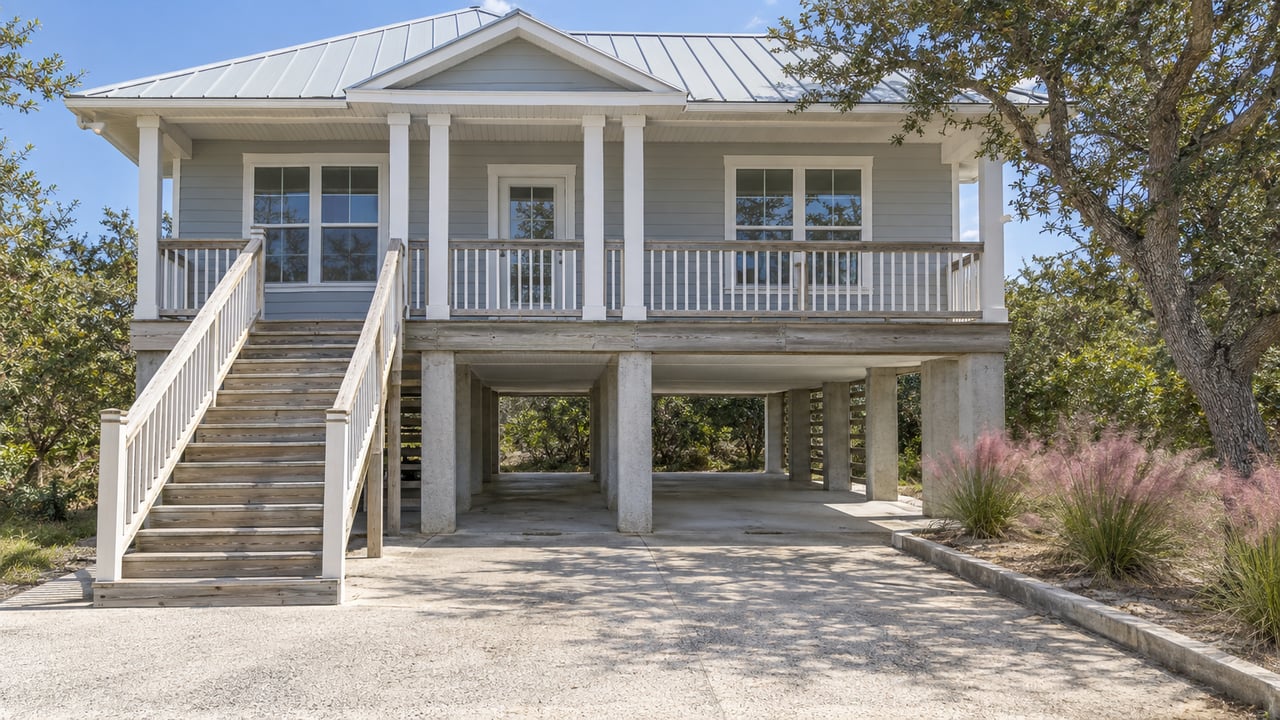 Pale-sided elevated coastal cottage with a covered porch, timber stairs, concrete supports and a planted driveway edge.