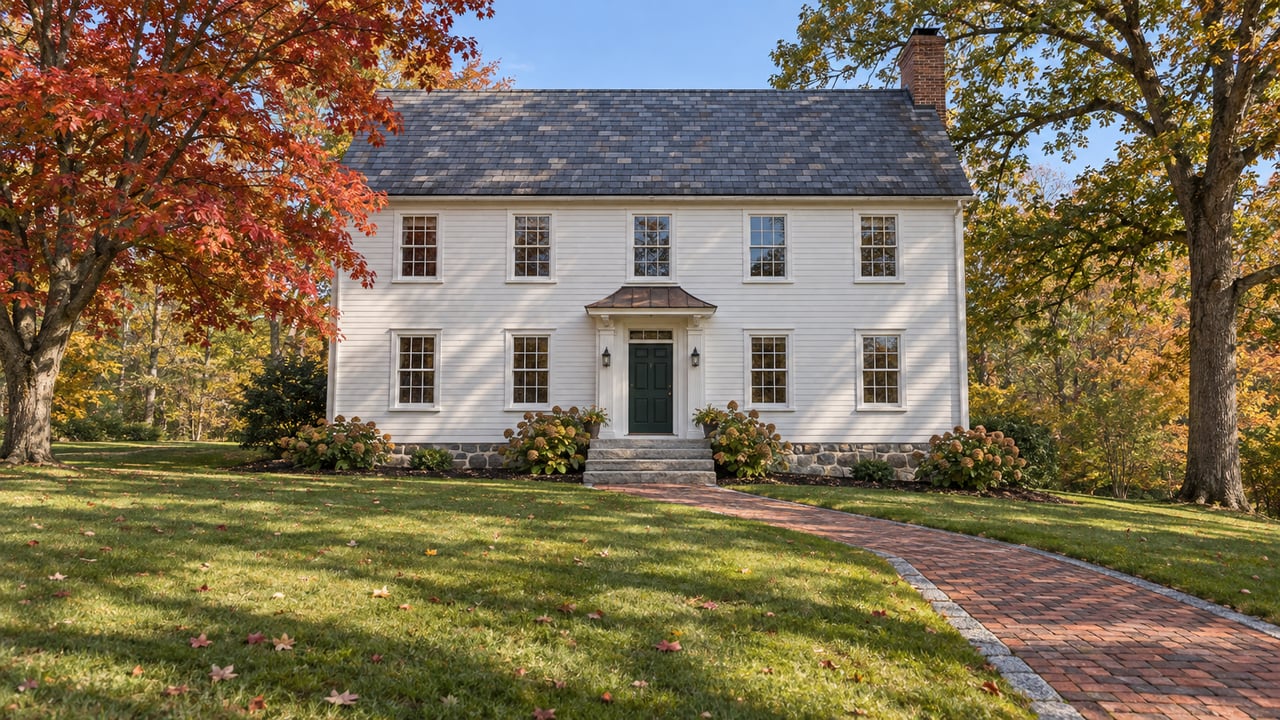 White clapboard house with a steep slate roof and brick chimney behind a deep autumn lawn, framed by a red maple and white oak.