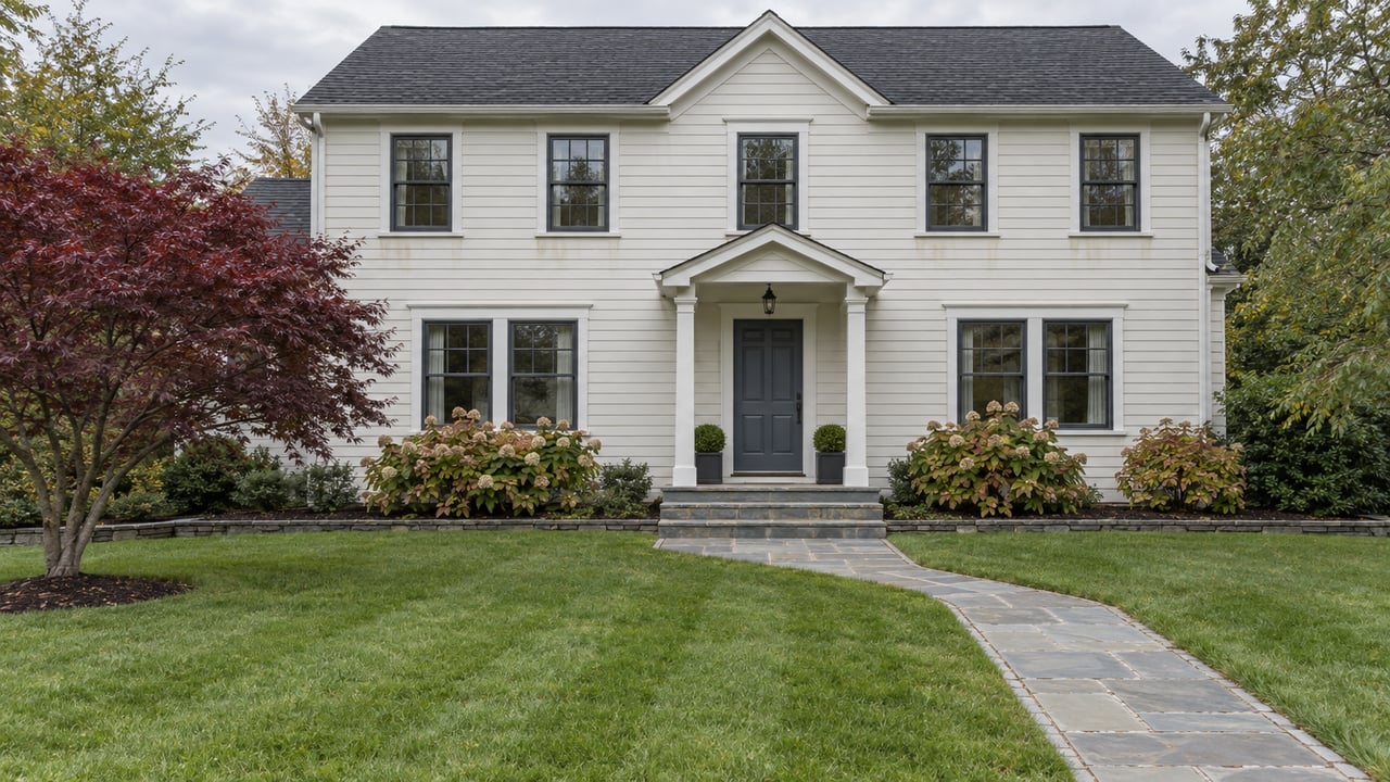 Ivory clapboard house with a slate-blue front door, bluestone approach, deep lawn, and burgundy Japanese maple under soft autumn daylight.
