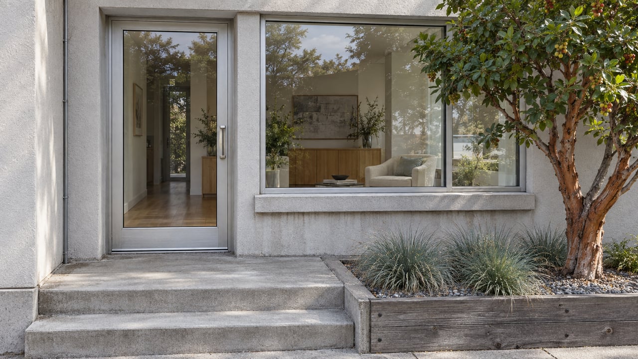 A glazed condominium entrance beside a broad living-room window, worn concrete steps and a timber planter with a strawberry tree.