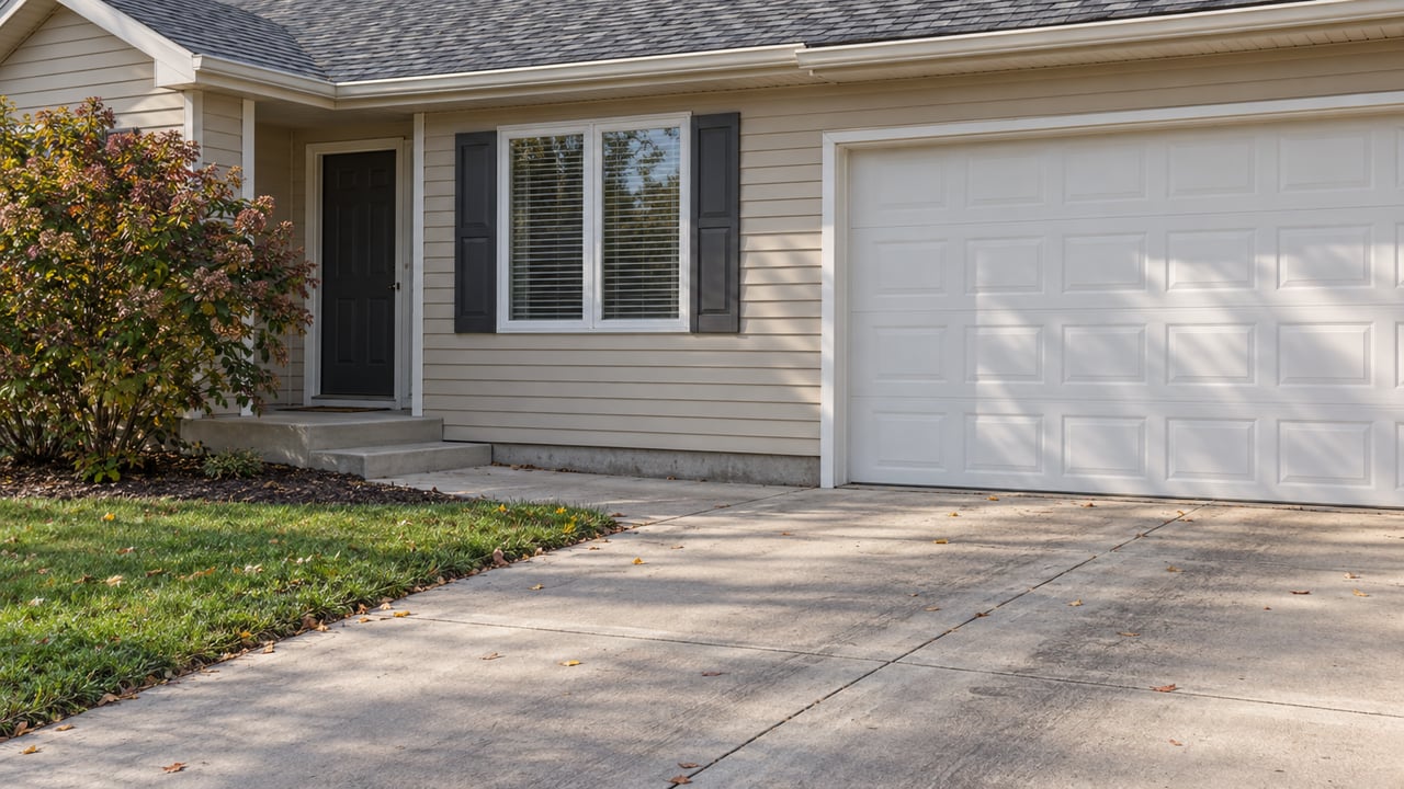 Tan ranch home with an attached garage, recessed entry, and a ninebark shrub beside the stoop.