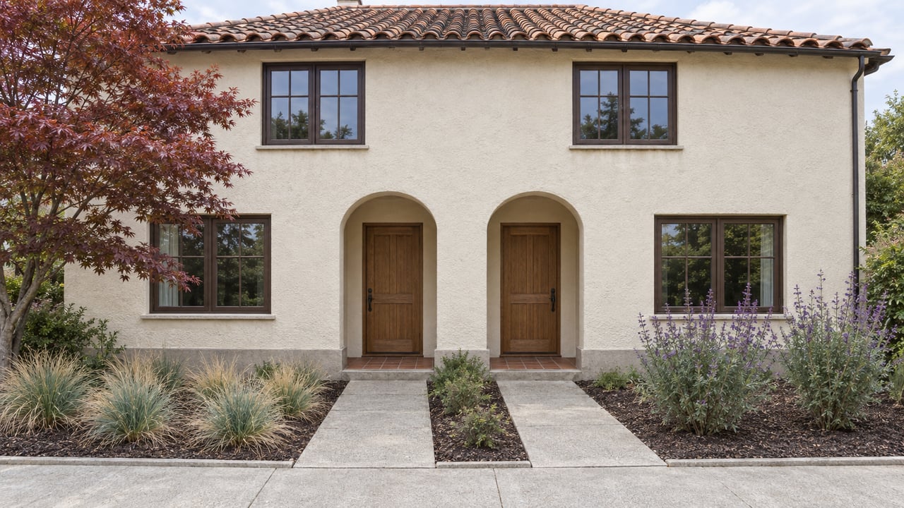 An ivory stucco two-story home with clay roof tiles, paired arched wooden entrances, concrete garden paths, and a mature Japanese maple.