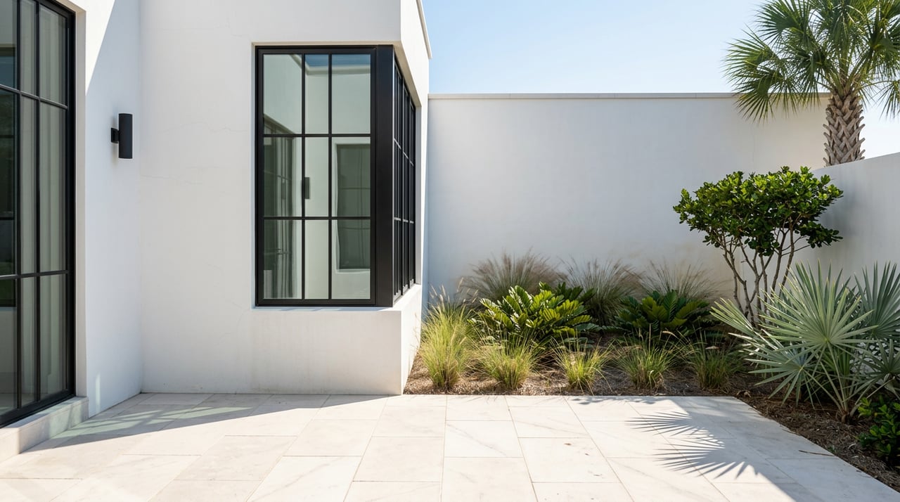 White stucco coastal home with black-framed windows beside a terrace and curated dune grasses and palms.