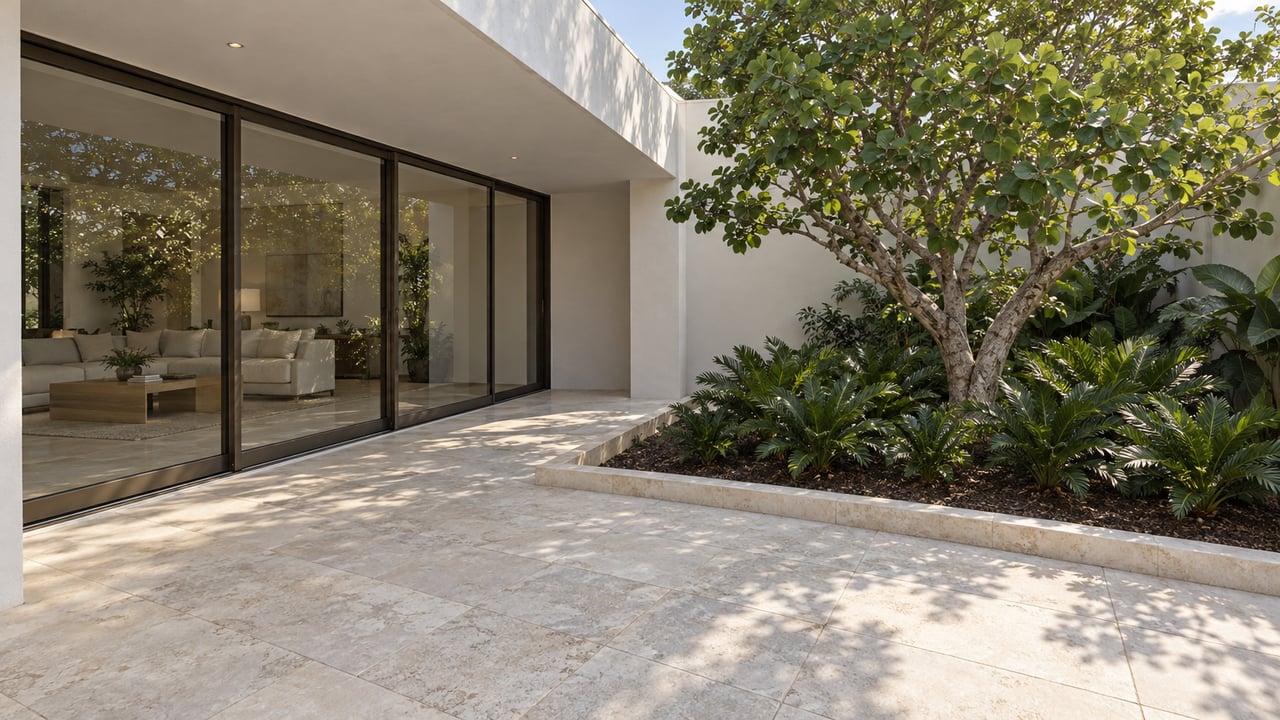 White stucco home with bronze-framed glass doors, a pale limestone terrace and a sculptural sea-grape tree in a planted courtyard.