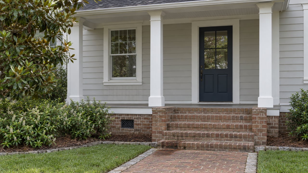 Warm-gray house with a dark-blue door, brick steps, raised foundation, and a small metal vent.