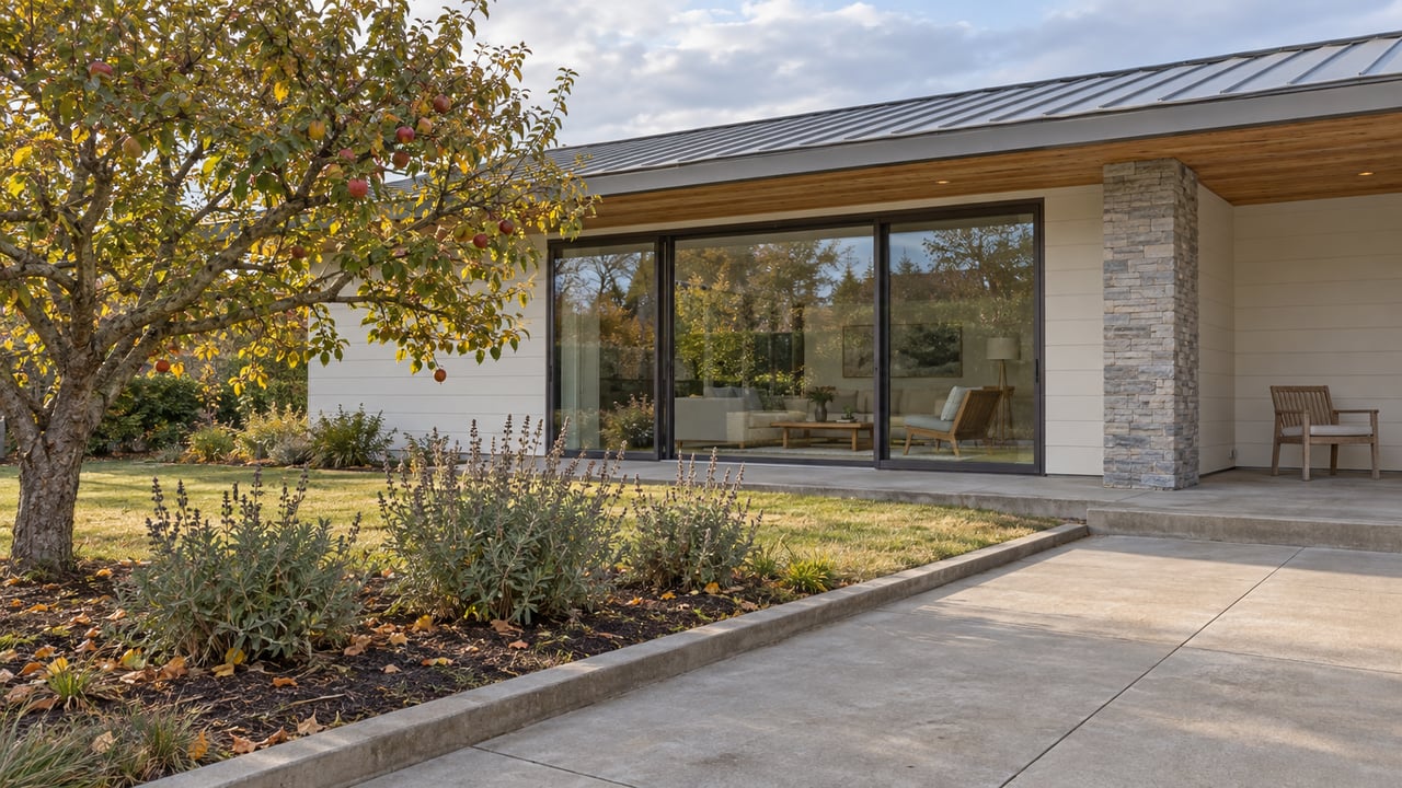 A single-story home with light siding, a stone pier and broad glass doors opens onto a concrete garden terrace beside an autumn apple tree.