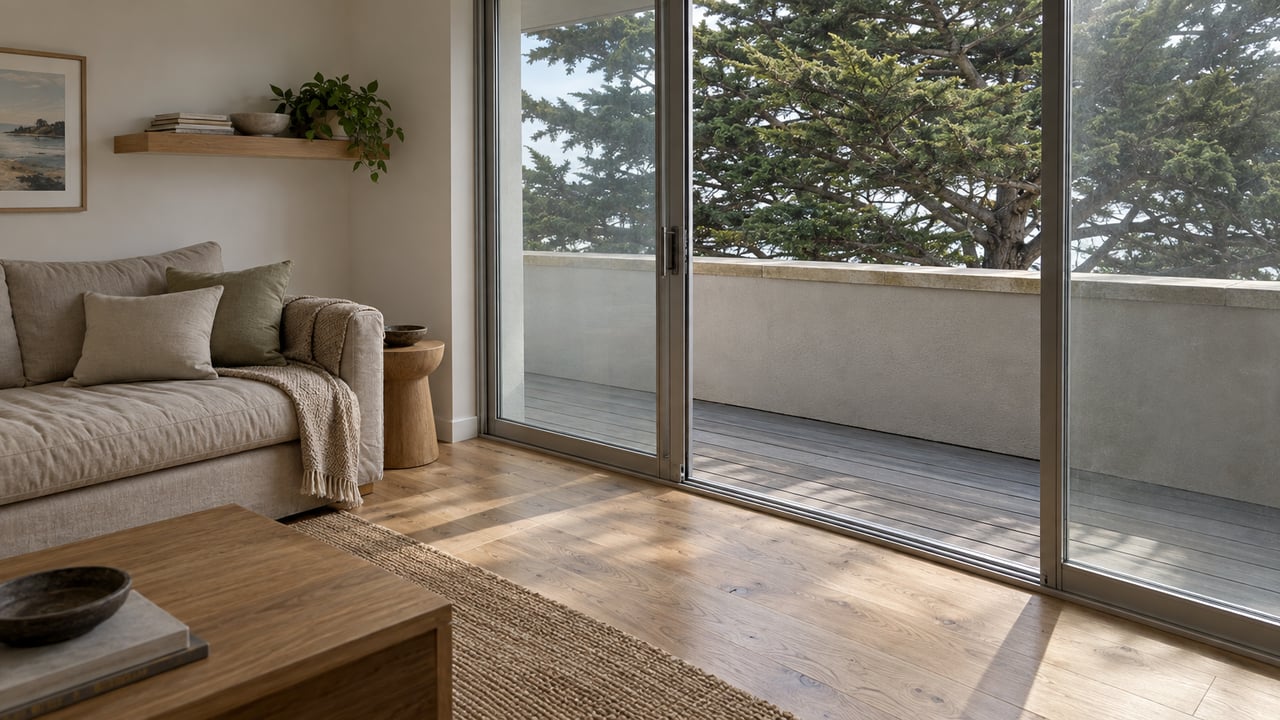 Compact condo living room with an oatmeal sofa, glazed sliding door, and a cypress canopy beyond the balcony.
