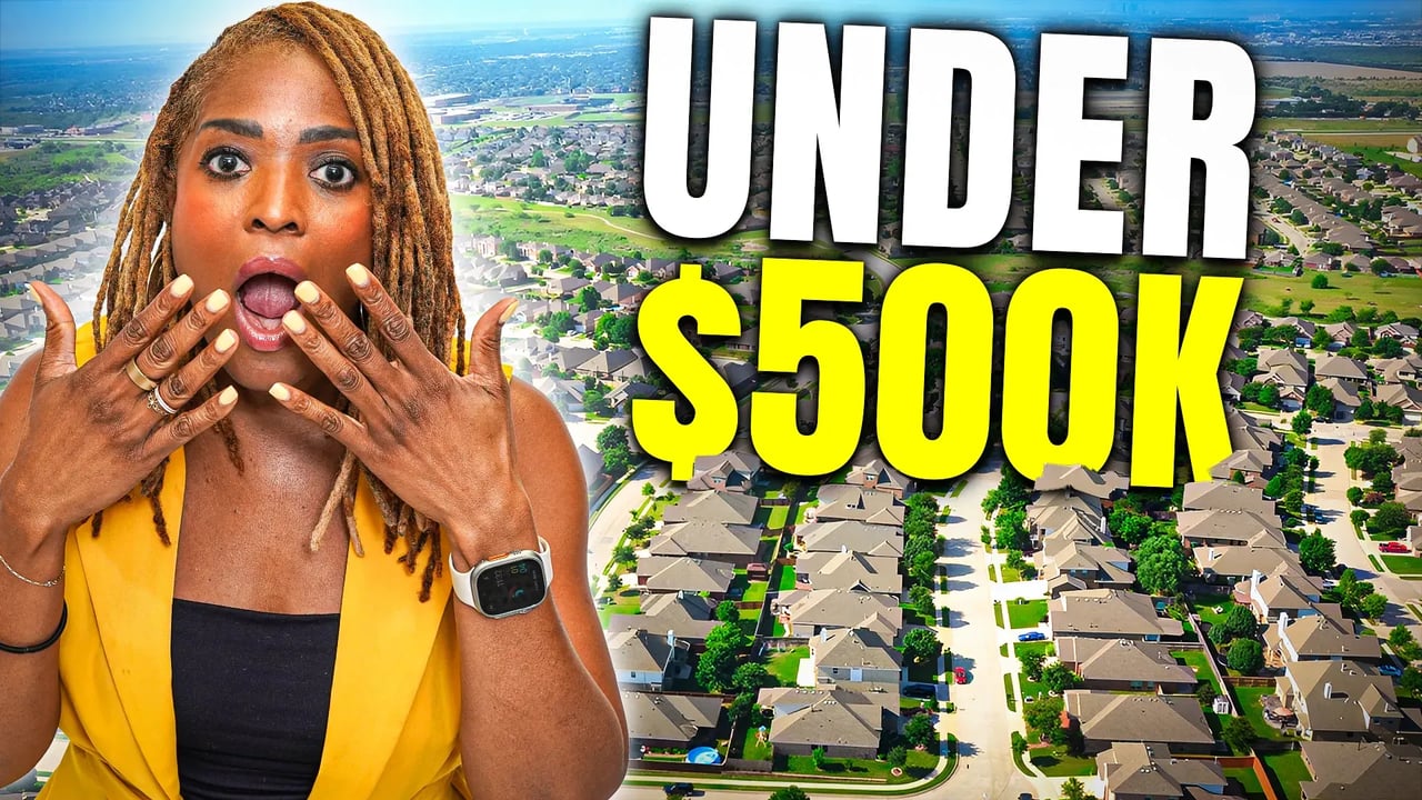 Affordable DFW homes under $500K, shown with an aerial suburban neighborhood and a surprised woman.