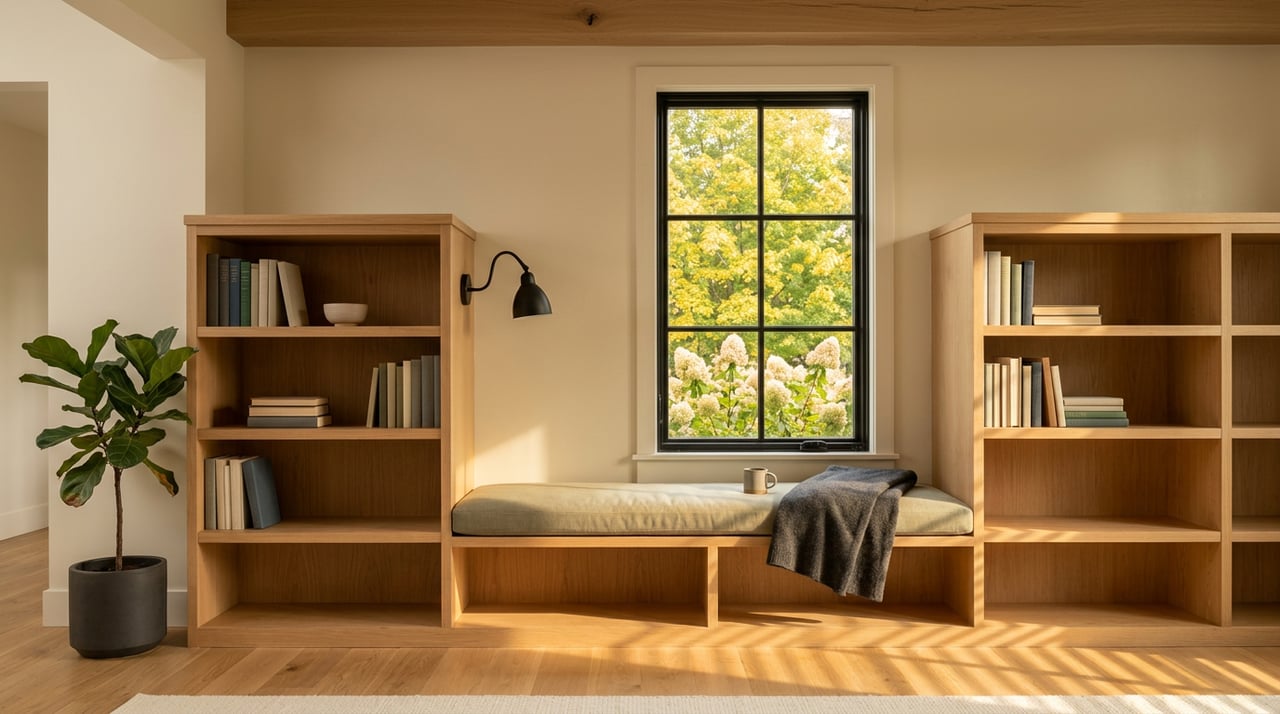 Oak shelves flank a sage-cushioned window seat, with a black-grid casement window and autumn foliage beyond.