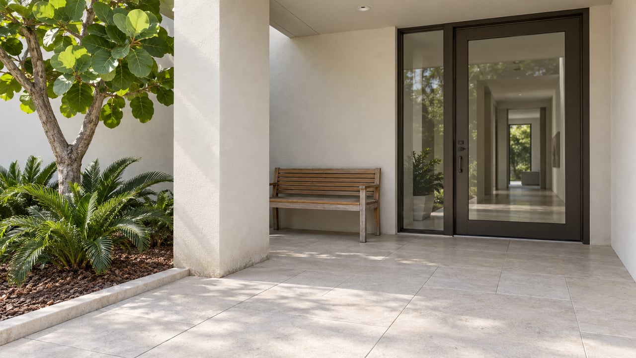 Covered home entrance with pale paving, bronze-framed glass, a teak bench and sea grape planting.
