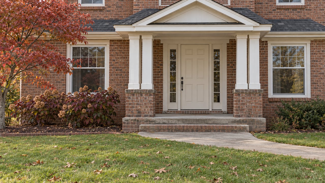 Red-brown brick home with a white-trimmed gabled porch, autumn dogwood and a curved walk across a broad lawn.