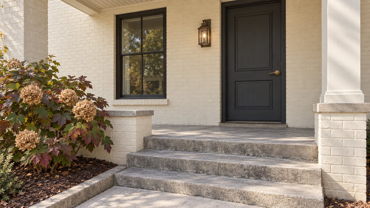 Cream painted-brick home with a charcoal front door, brass lantern, concrete porch steps and autumn oakleaf hydrangea.