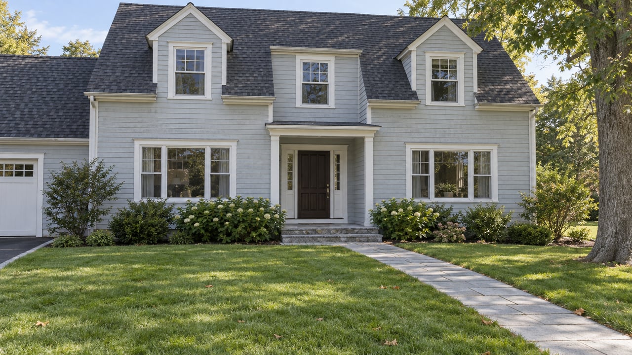Pale blue-gray two-story house with dark shingled dormers, granite steps, a straight paver path, and an oak tree.
