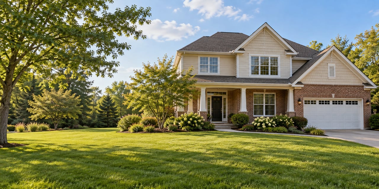 Illustrative suburban home with a landscaped front yard