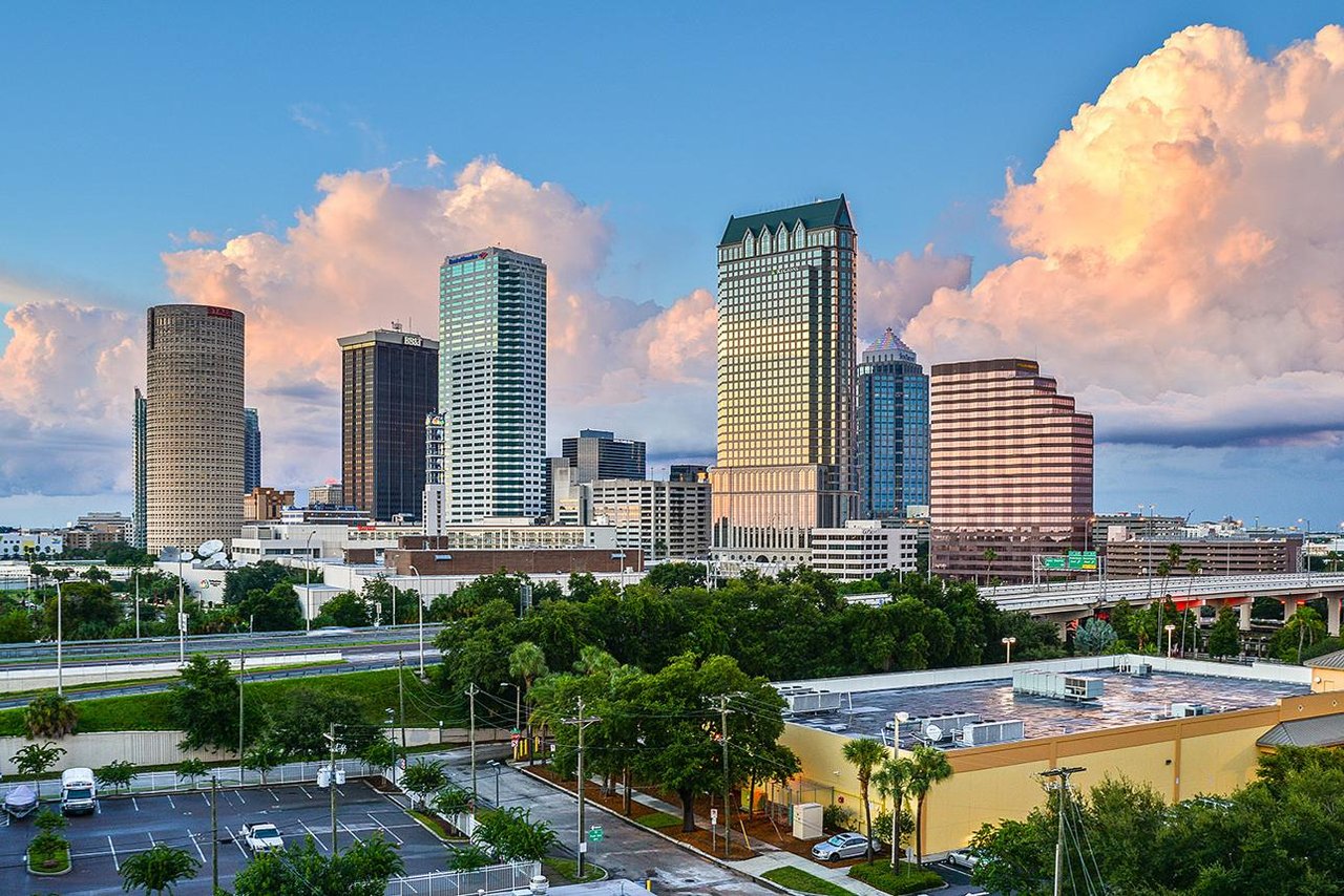 Downtown Tampa skyline viewed from Bayshore Boulevard along the waterfront.