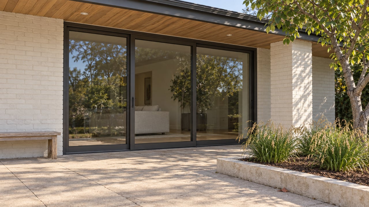 Covered rear terrace of a renovated ranch home with cream-painted brick, bronze-framed glass doors, a teak bench and a redbud beside a limestone-edged planting bed.