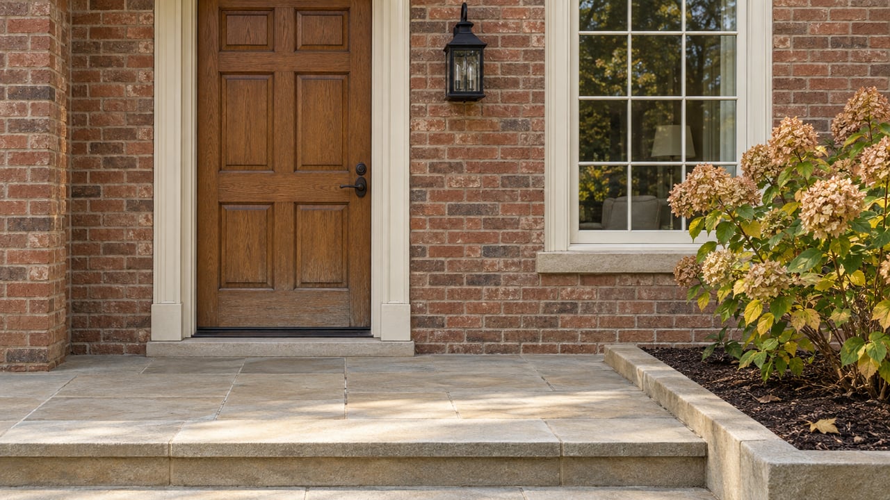 Russet brick entry with an oak door, cream divided-light window, sandstone landing and an autumn hydrangea.