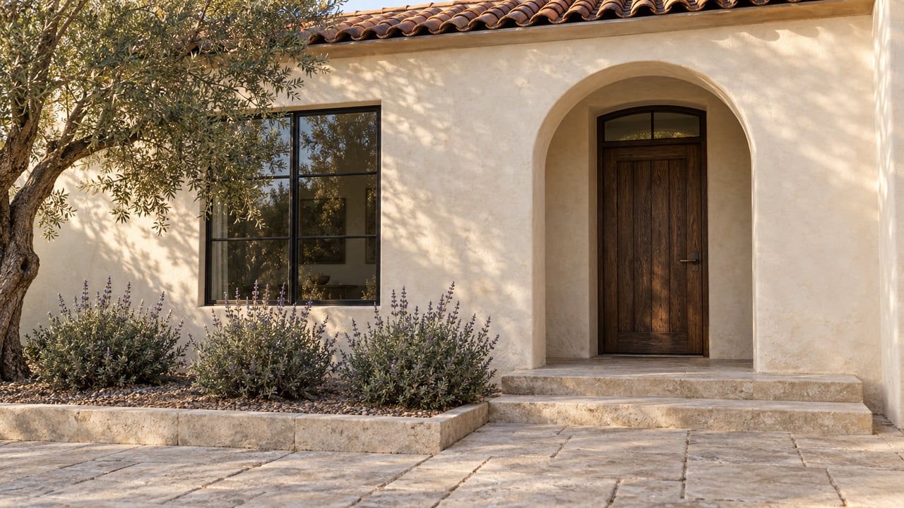 Sunlit plaster home entry with an arched oak door, terracotta roof, limestone steps and a mature olive tree.