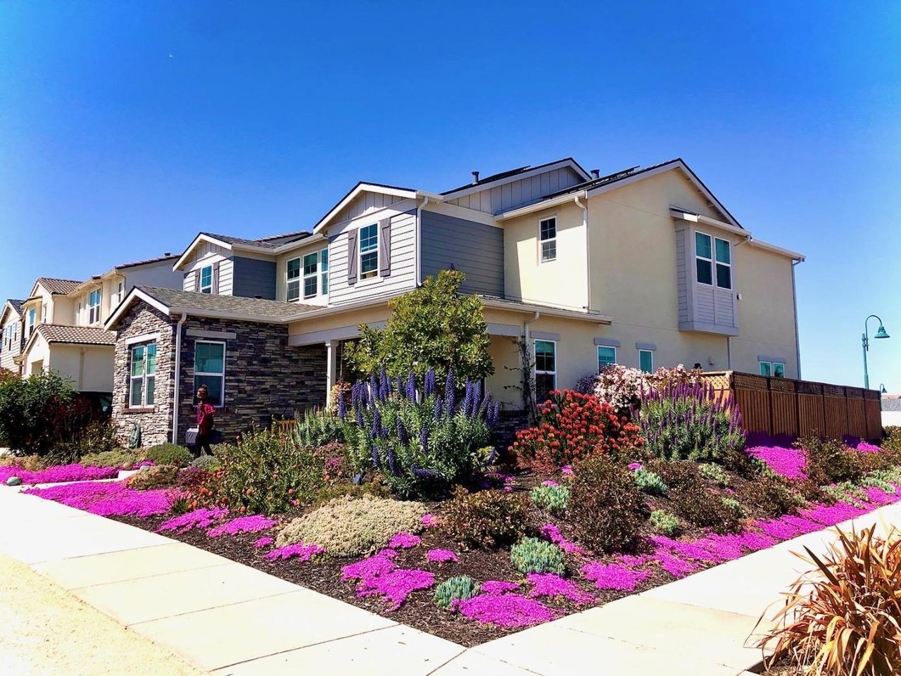 Two-story home with stone accents and a colorful flower garden along the sidewalk.