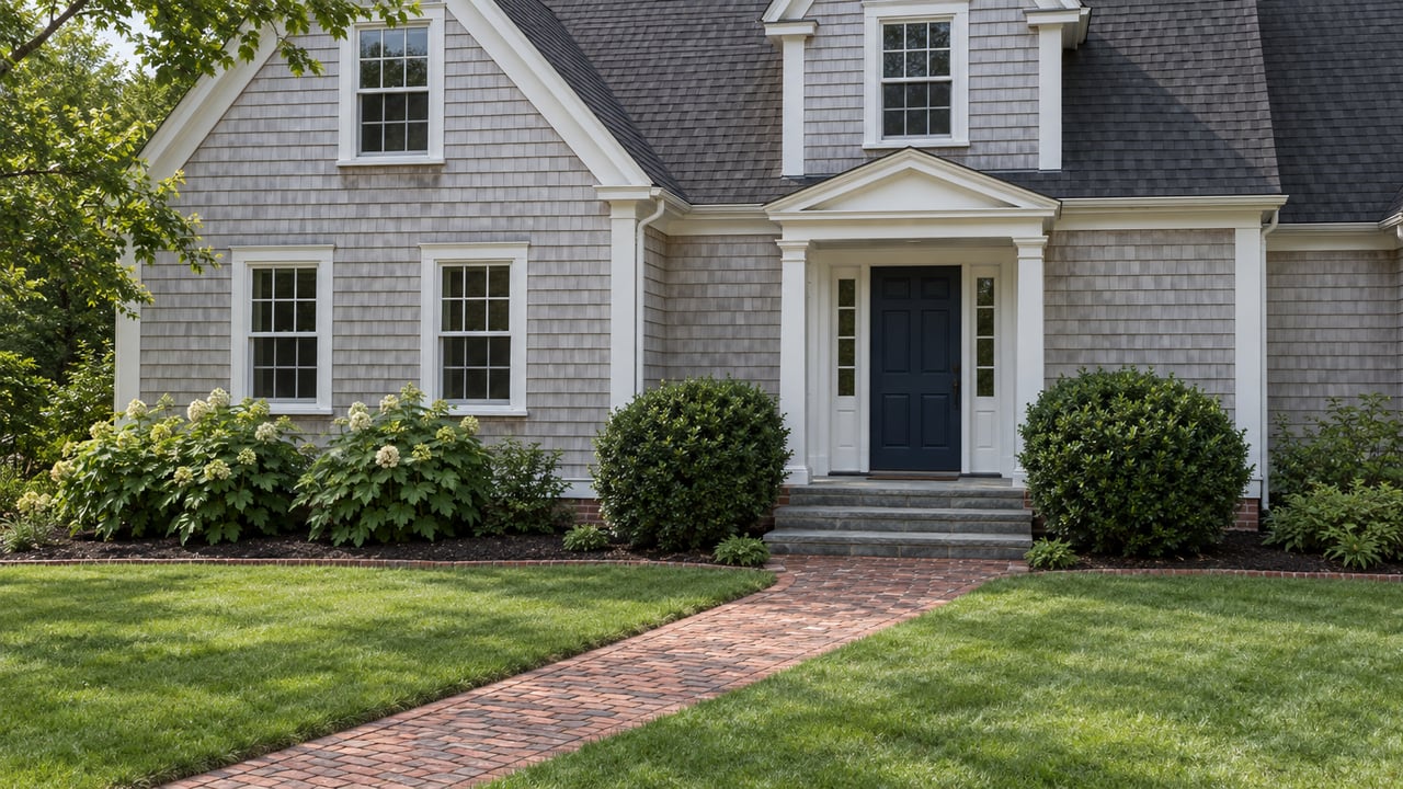 Pale shingled home with white multi-pane windows, a navy front door and a brick walk crossing a deep green lawn.