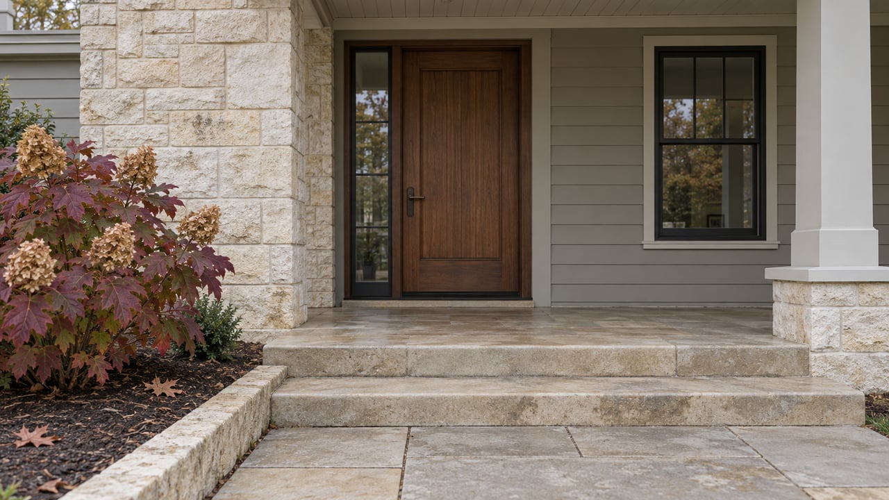 Covered home entry with a walnut door, cream limestone, gray siding, sandstone steps, and burgundy oakleaf hydrangea.