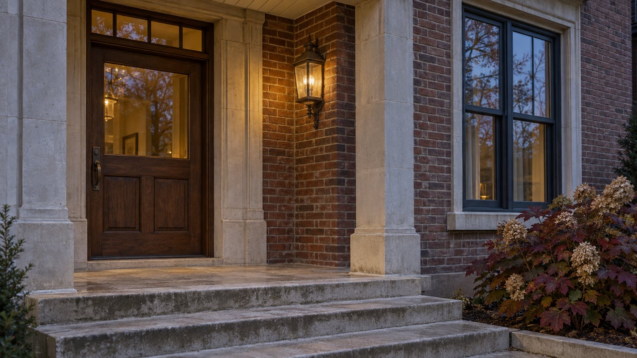 A warmly lit oak entrance in a red-brick home at blue hour, with limestone steps and burgundy oakleaf hydrangea beside the porch.
