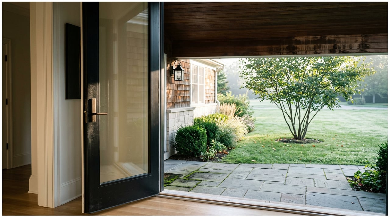 Open black door frames a bluestone stoop and dewy lawn, with a serviceberry tree and low garden planting.