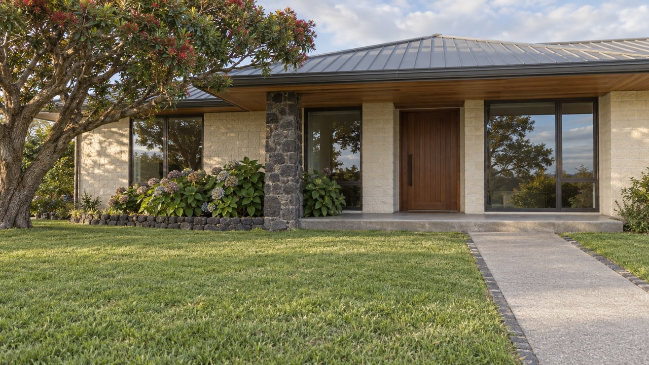 Low-roof home with broad timber eaves, a basalt porch pier and a deep lawn bordered by a flowering tree and hydrangeas.