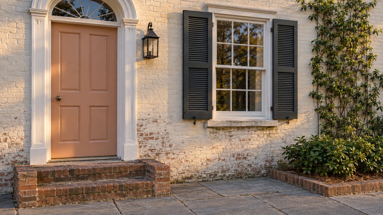 Peach-painted entrance beneath an arched transom beside a shuttered window, with worn brick steps and a small curbed planting bed in evening light.