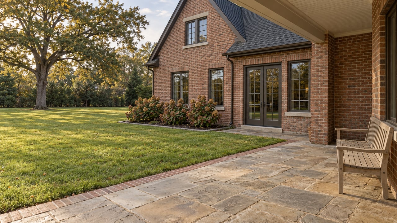 Covered sandstone terrace beside a traditional brick home, with a broad lawn, mature oak and oakleaf hydrangeas.