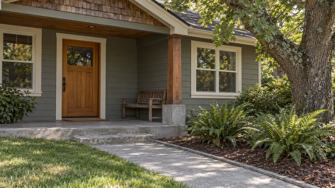 A shaded timber porch with gray-green siding, a wooden bench and mature oak beside a modest gabled home.