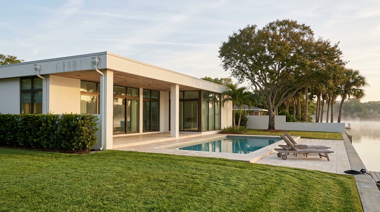 Modern glass-walled home and pool beyond a manicured lawn, with a tree-lined lake and misty water.