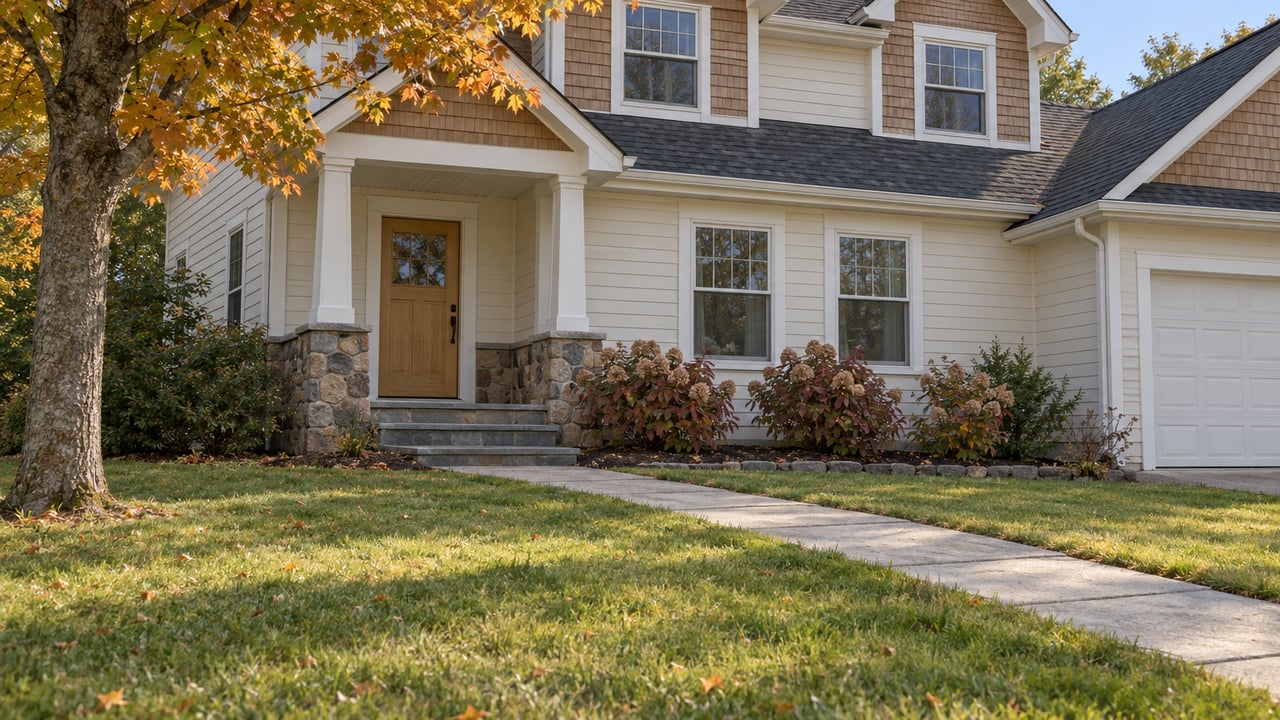A light-sided gabled home beyond a deep autumn lawn, with bluestone entry steps and an amber-leaved maple.