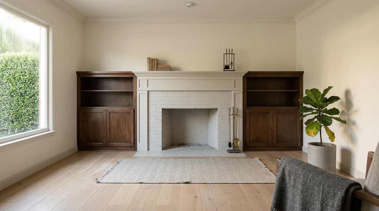 Centered dove-white fireplace with dark walnut built-ins, an oatmeal rug, and a potted fig tree.