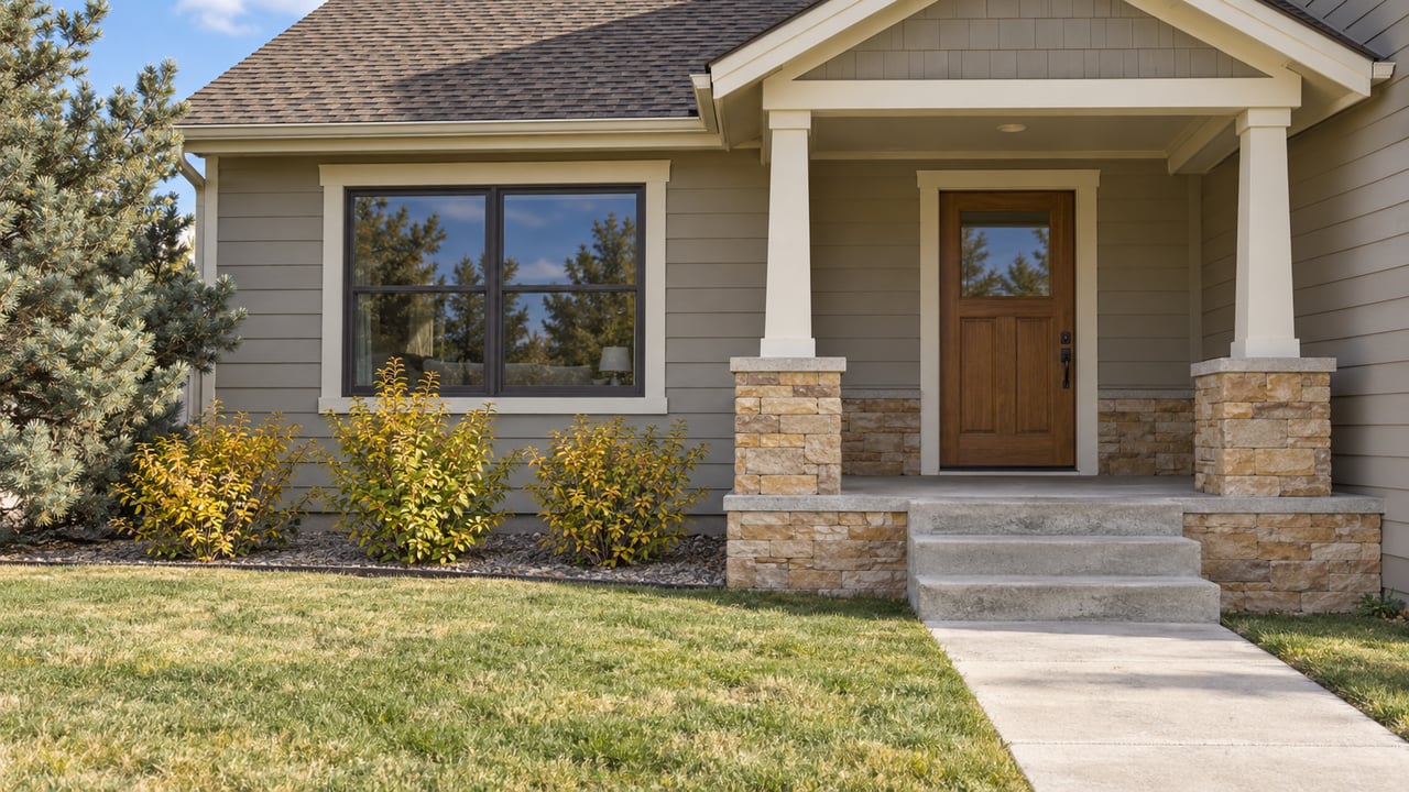 Gray lap-sided home with a sandstone porch base, oak entry door, clipped lawn and yellow-leaved shrubs in clear daylight.