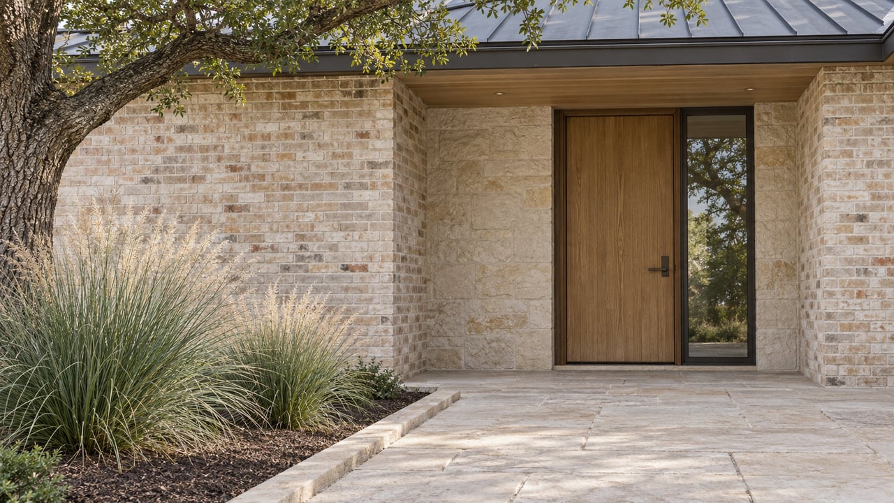 Wood front door and dark-framed sidelight recessed into cream brick and limestone, with an oak branch above a stone approach and two ornamental grass clumps.