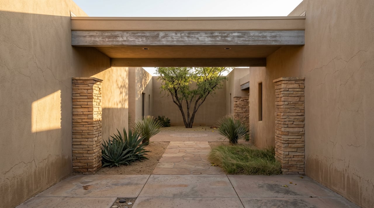 A stone-and-stucco breezeway opens onto a courtyard with a palo brea tree and agaves.