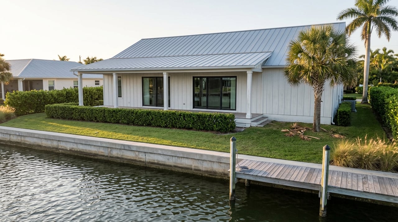 White coastal home beside a weathered private dock, clipped hedge, seawall, and rippling water.