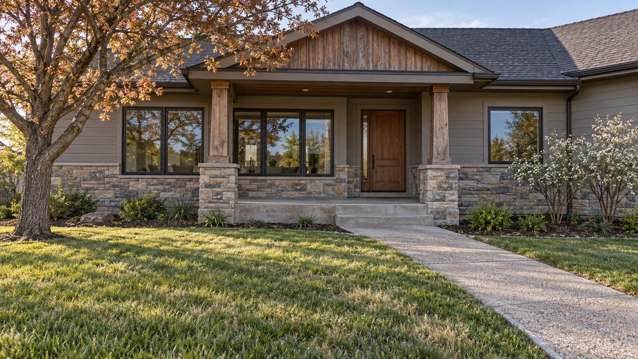 Stone-and-cedar house with a covered timber porch, a deep front lawn and a maple turning copper in afternoon light.