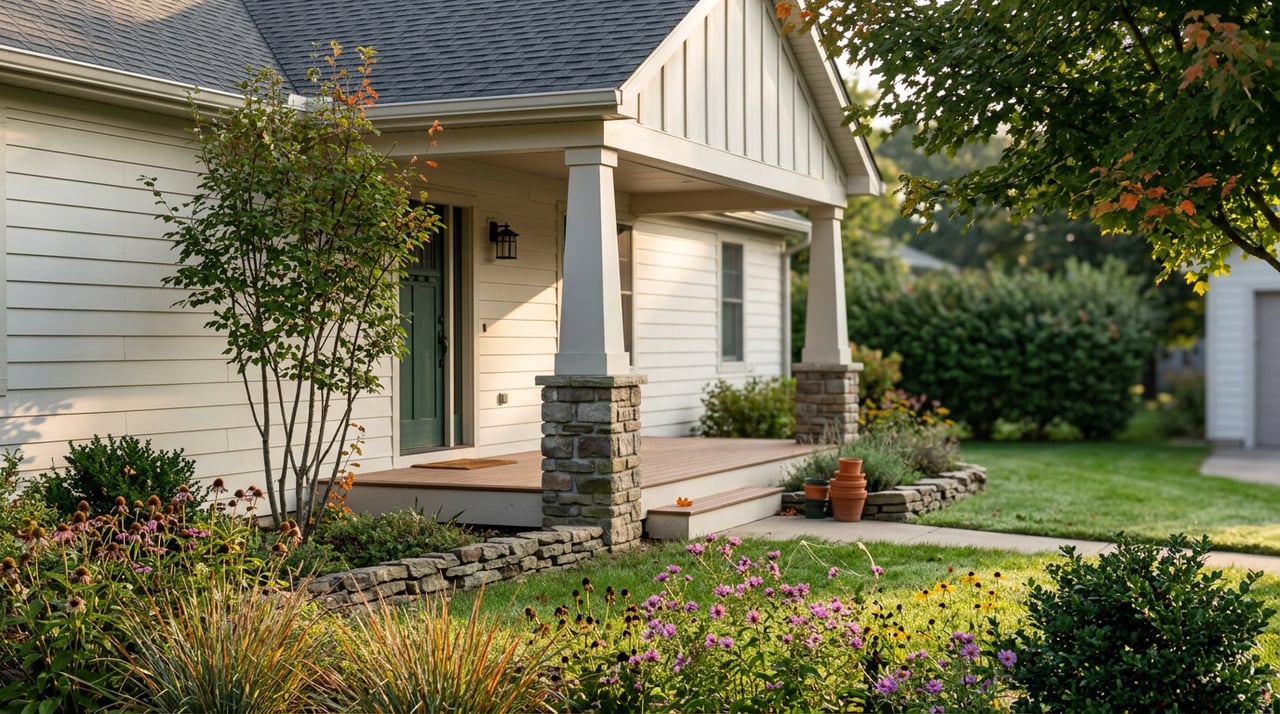 Native garden bed with purple asters and grasses beside a white-sided porch and flowering serviceberry tree.