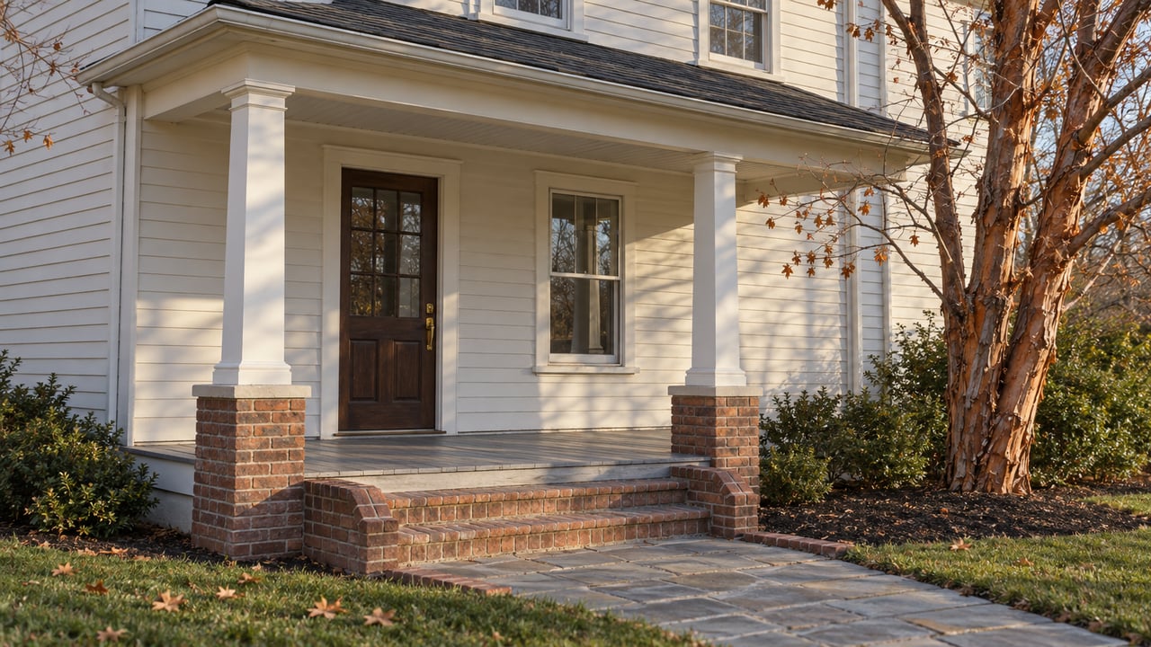 Late-autumn sunlight on a timber-clad home's covered porch, brick steps and flagstone approach beside a paperbark maple.