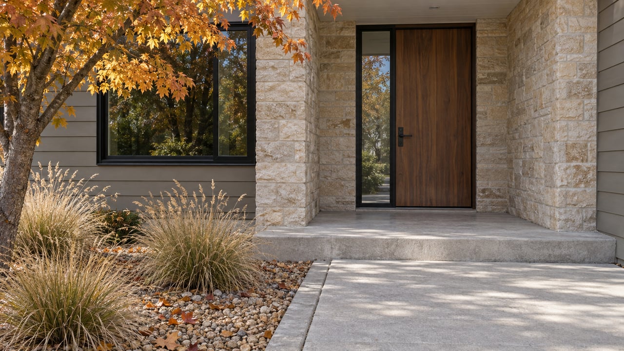 Autumn light on a recessed wood front door, pale limestone entry, and concrete walk beside a gold-leaved maple and three grass clumps.